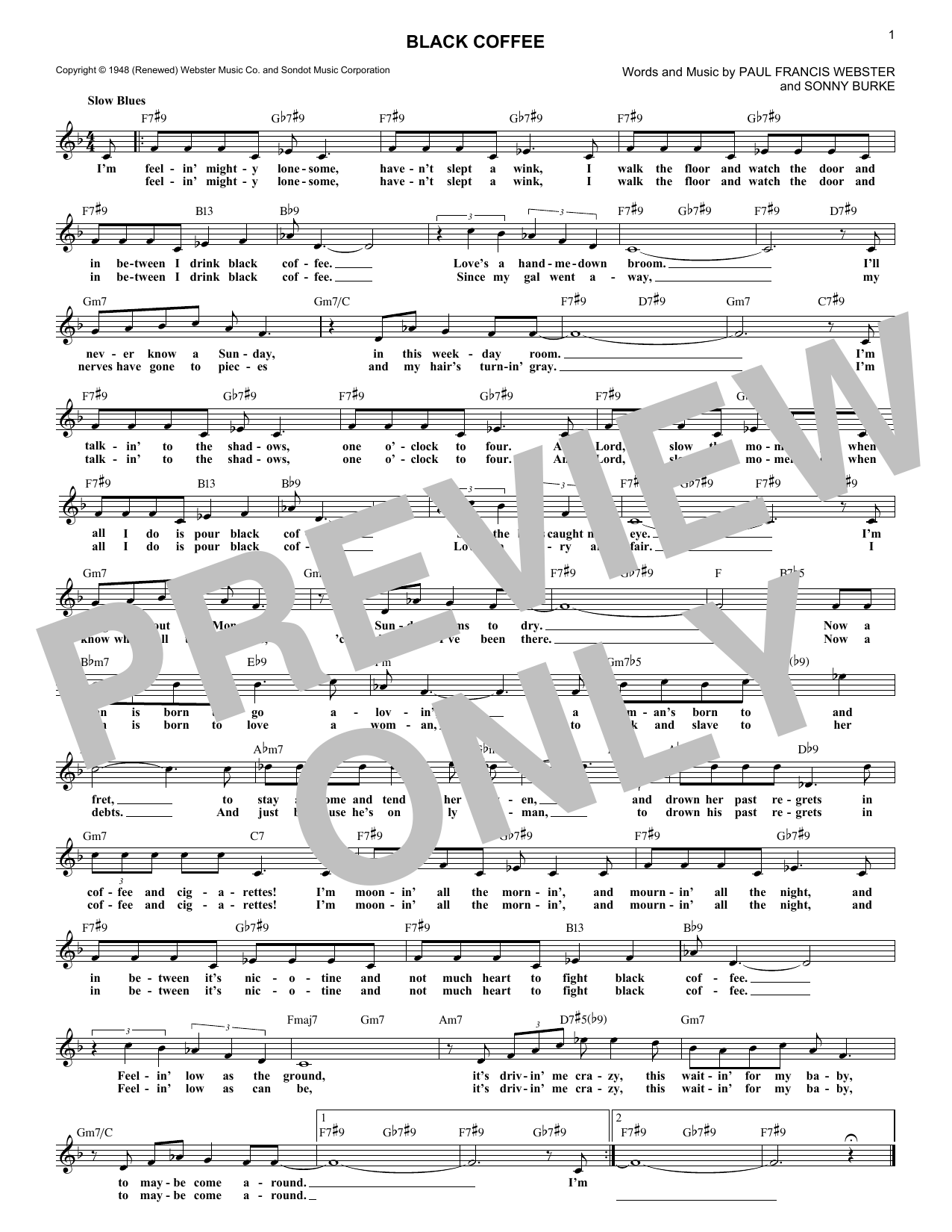 Sonny Burke Black Coffee sheet music notes and chords arranged for Lead Sheet / Fake Book