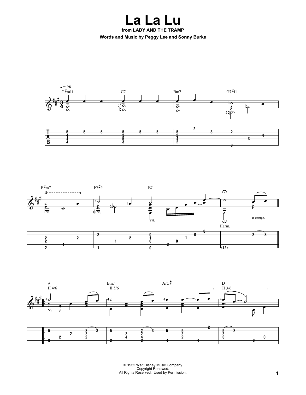 Sonny Burke La La Lu (from Lady And The Tramp) sheet music notes and chords arranged for Solo Guitar