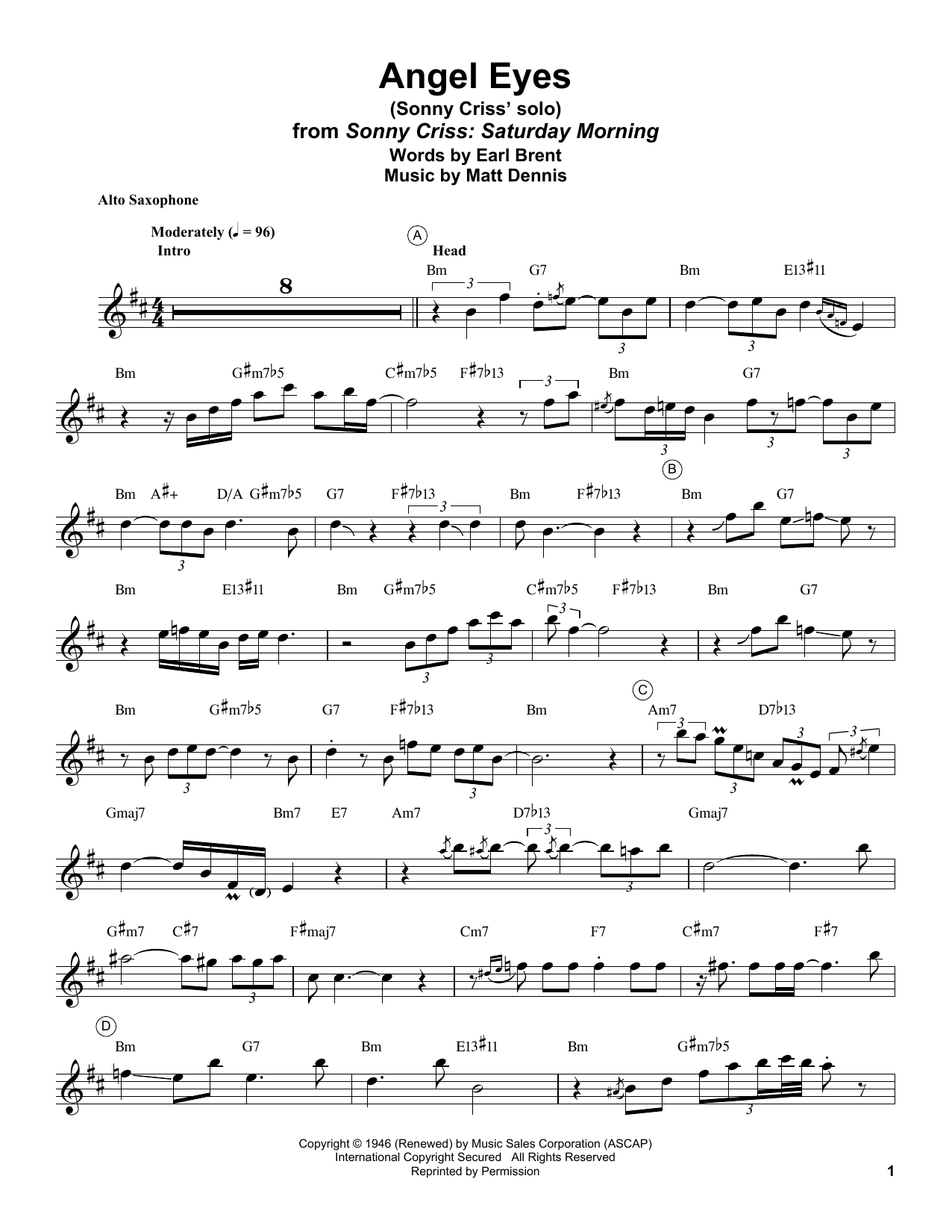 Sonny Criss Angel Eyes sheet music notes and chords arranged for Alto Sax Transcription