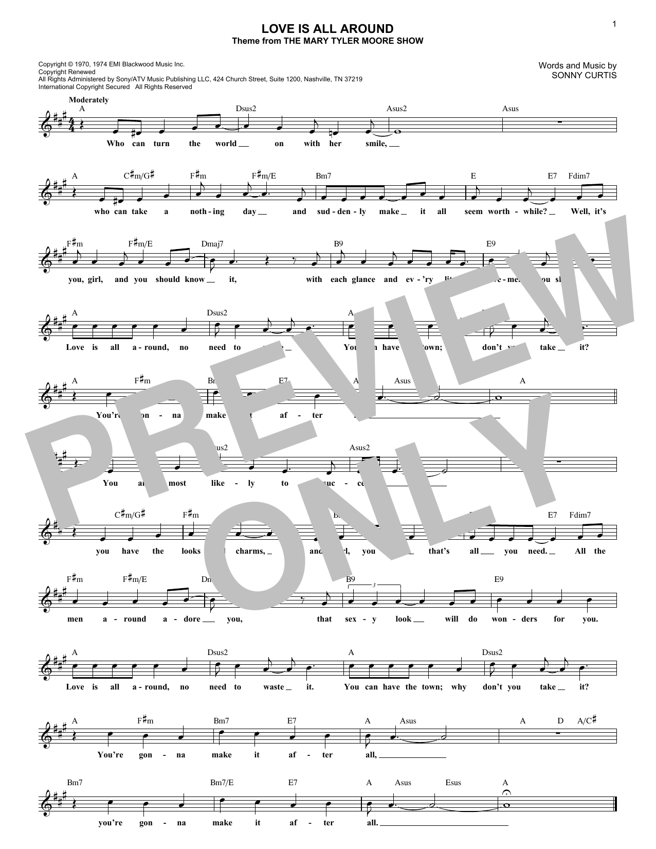 Sonny Curtis Love Is All Around (from The Mary Tyler Moore Show) sheet music notes and chords arranged for Lead Sheet / Fake Book