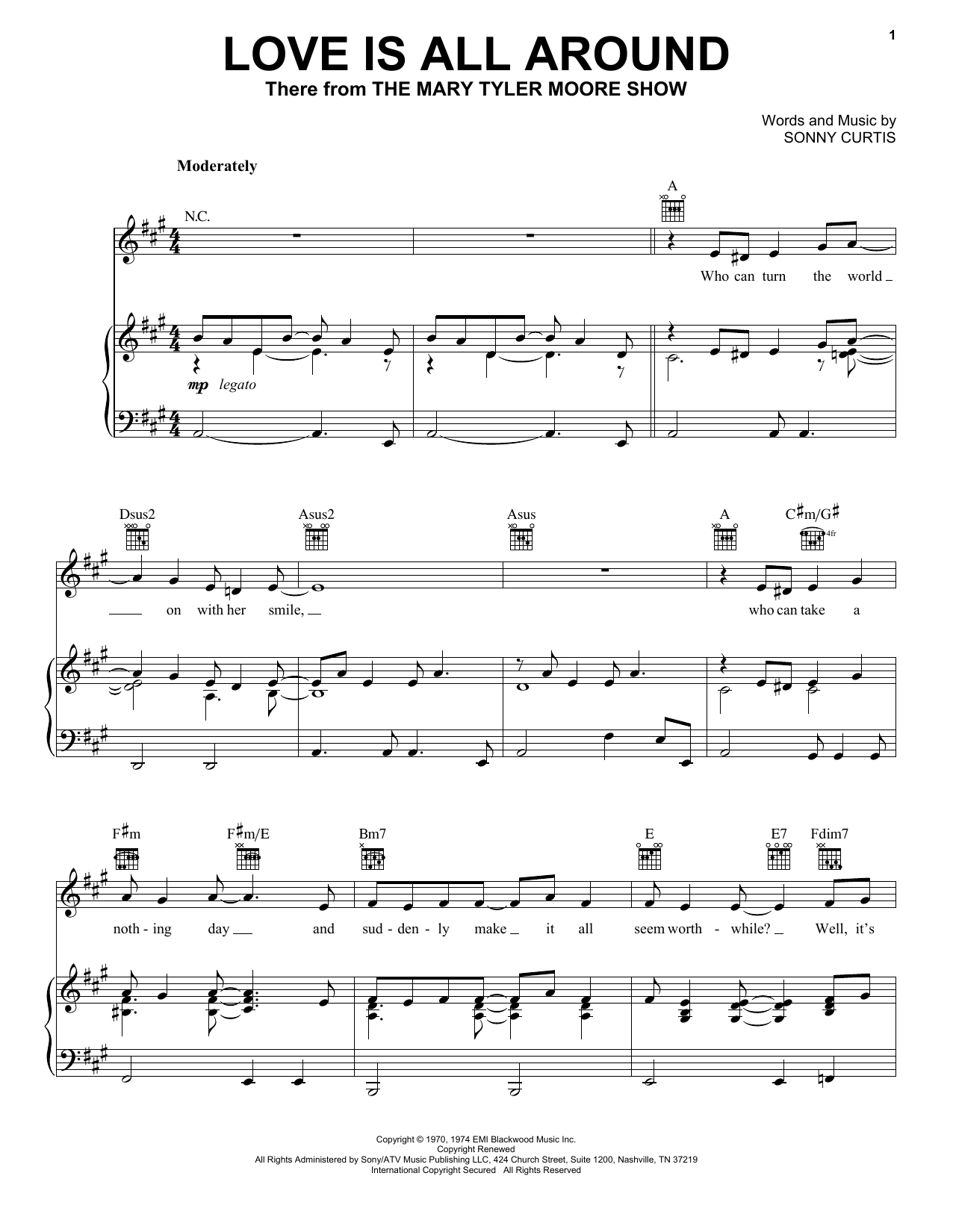 Sonny Curtis Love Is All Around (Theme from The Mary Tyler Moore Show) sheet music notes and chords arranged for Piano, Vocal & Guitar Chords (Right-Hand Melody)