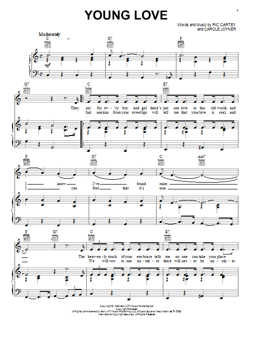 Sonny James Young Love sheet music notes and chords arranged for Piano, Vocal & Guitar Chords