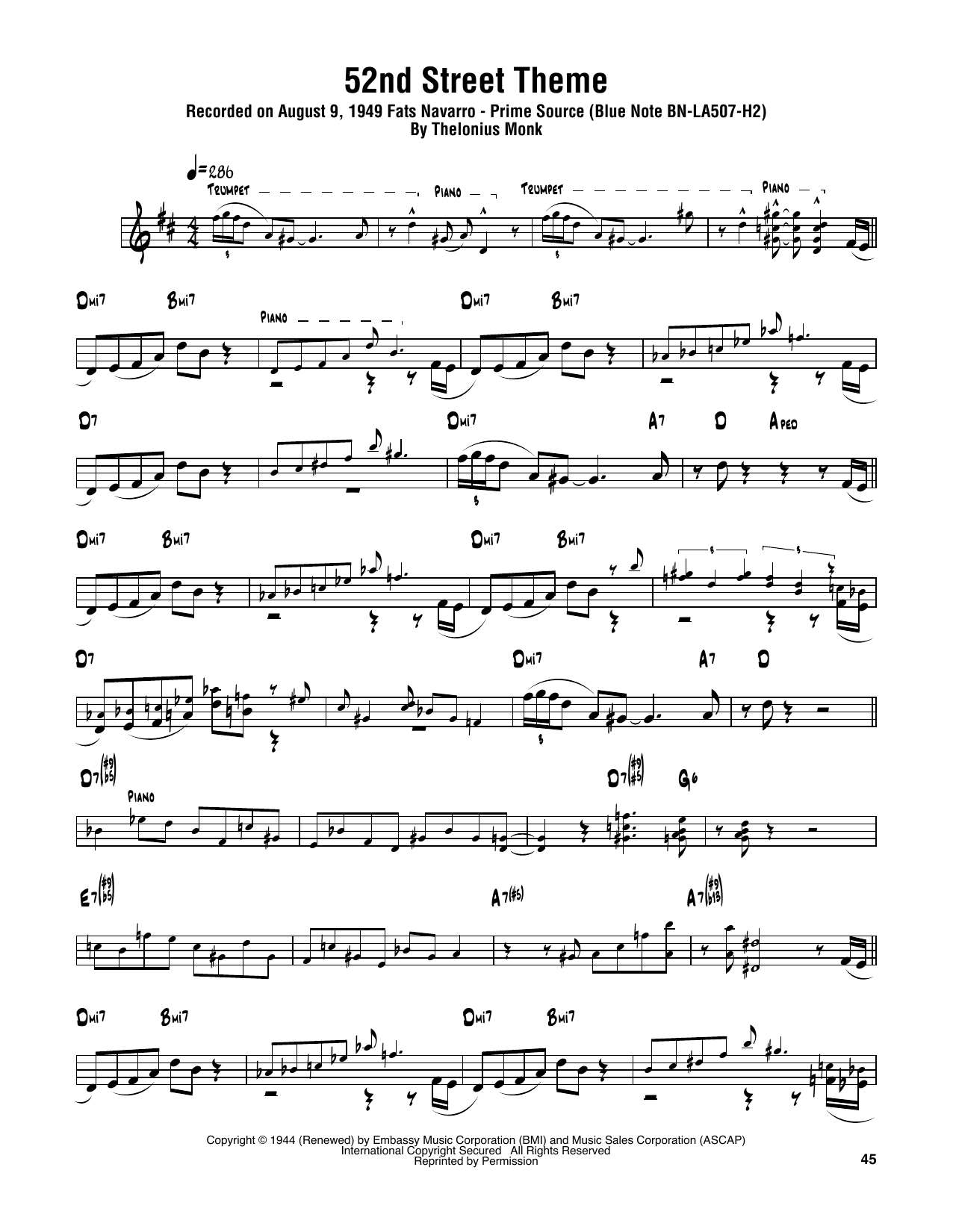 Sonny Rollins 52nd Street Theme sheet music notes and chords arranged for Tenor Sax Transcription