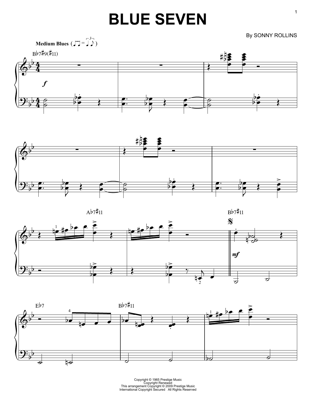 Sonny Rollins Blue Seven [Jazz version] sheet music notes and chords arranged for Piano Solo