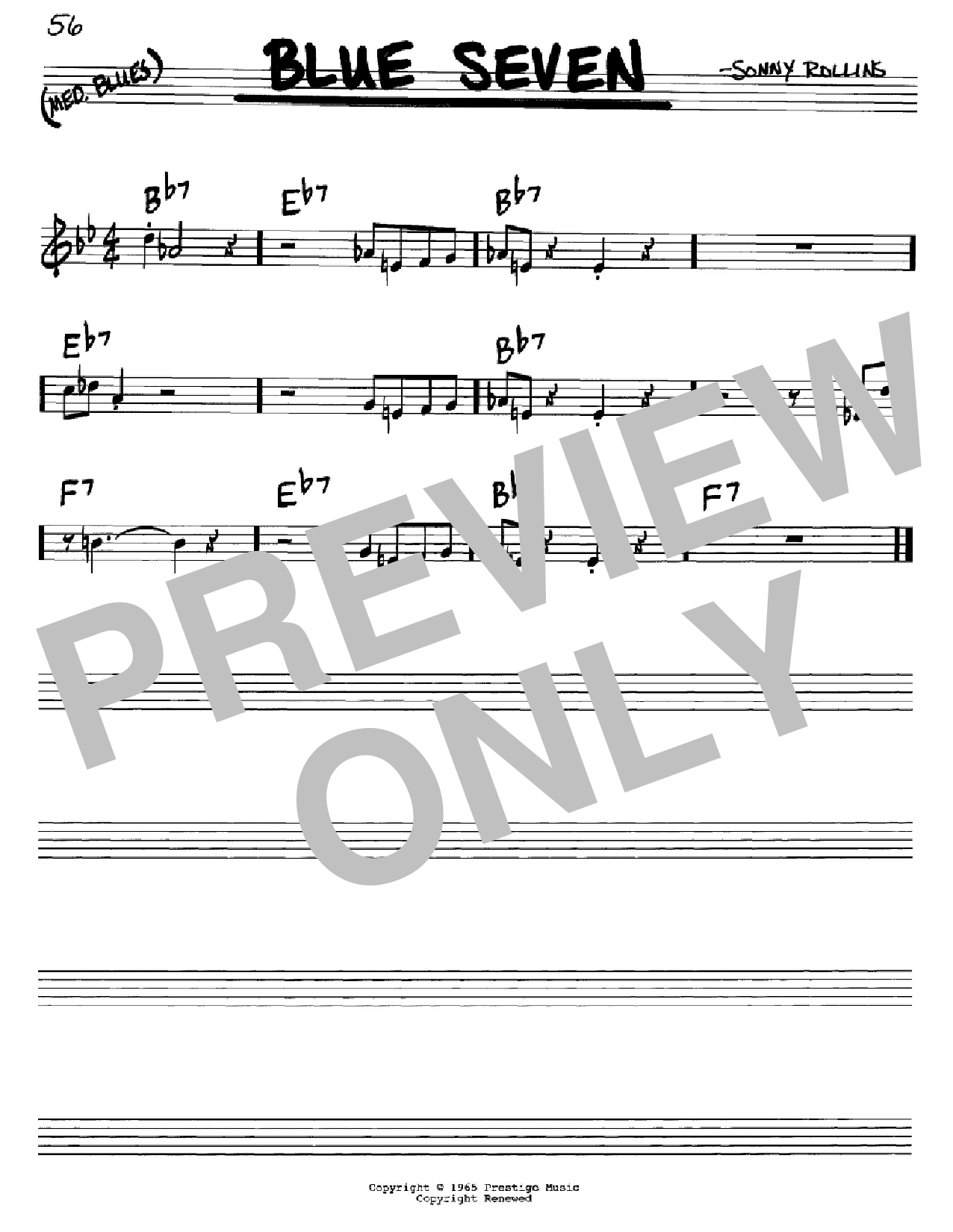 Sonny Rollins Blue Seven sheet music notes and chords arranged for Real Book – Melody & Chords – C Instruments