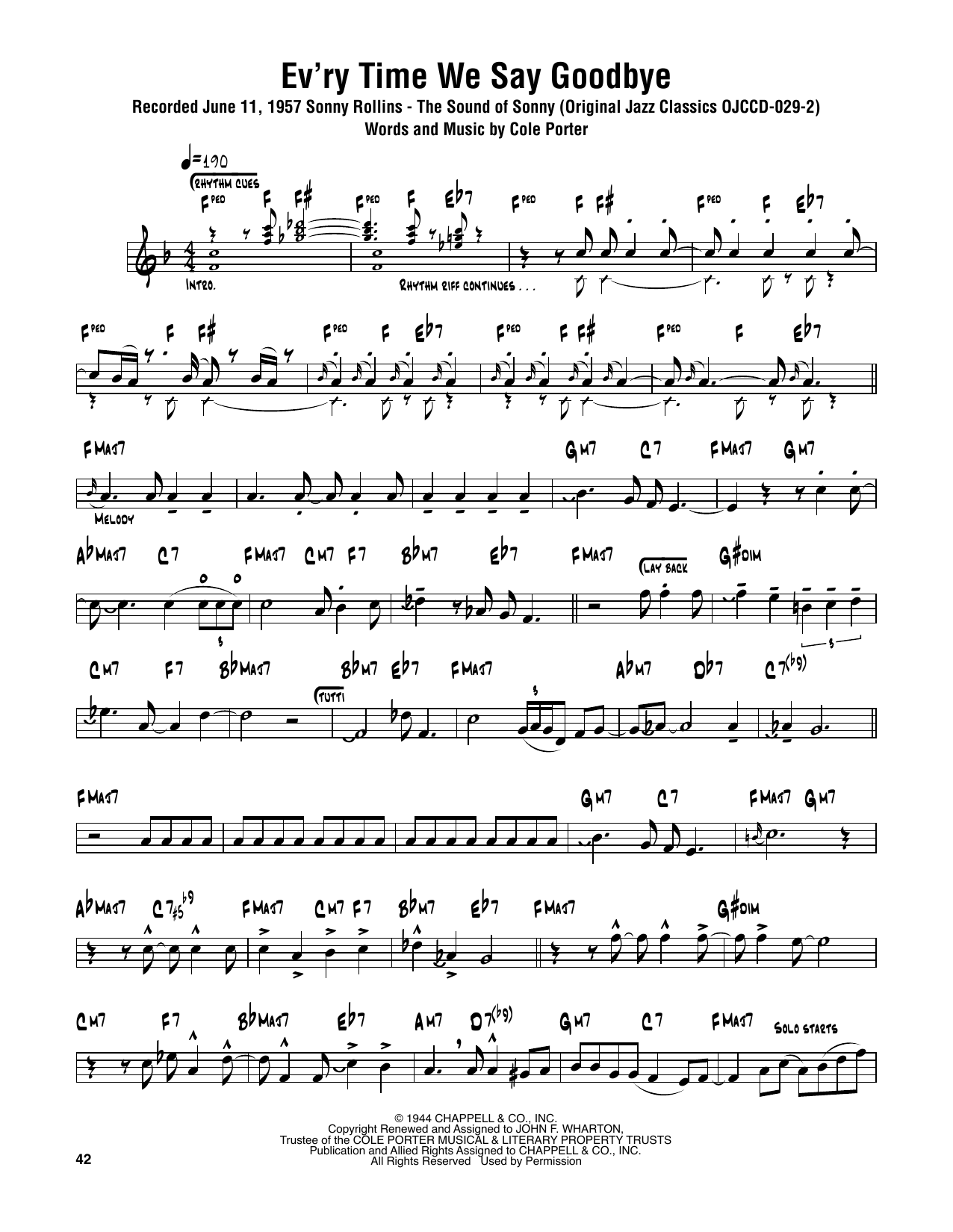 Sonny Rollins Ev'ry Time We Say Goodbye sheet music notes and chords arranged for Tenor Sax Transcription