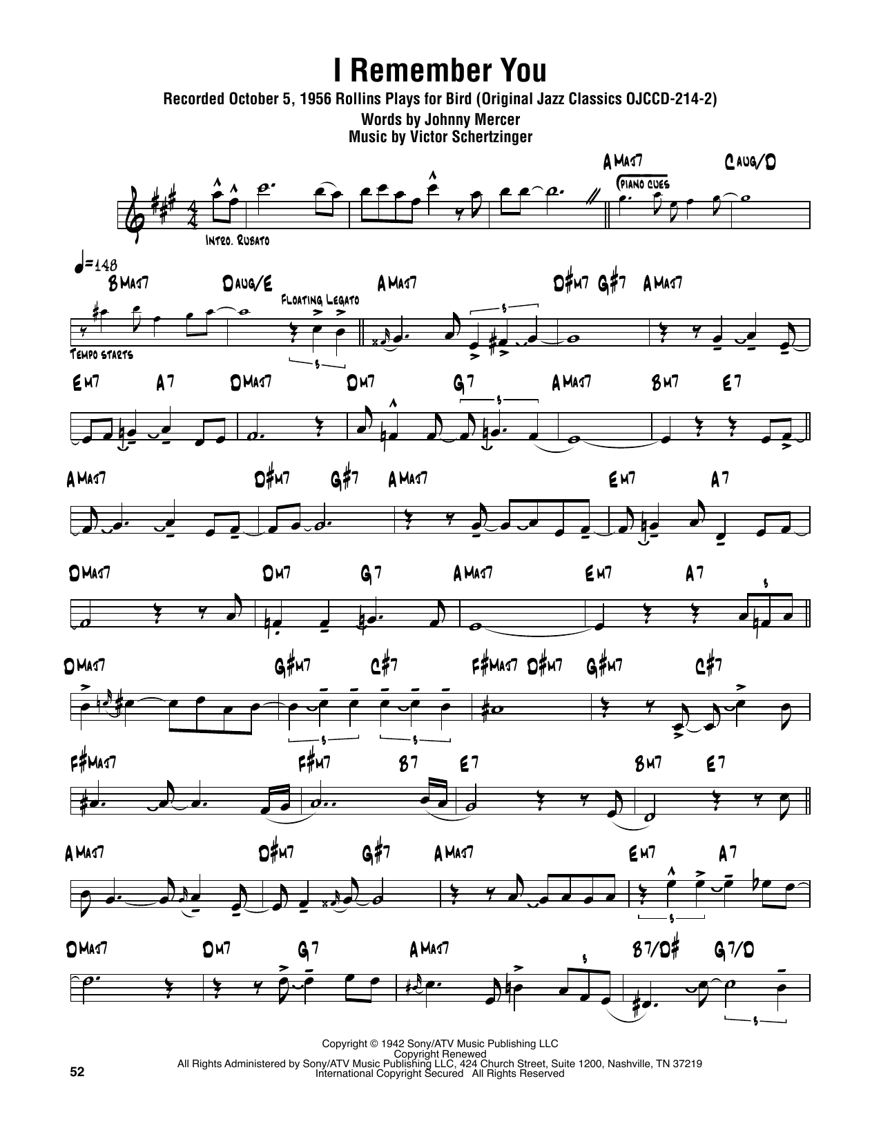 Sonny Rollins I Remember You sheet music notes and chords arranged for Tenor Sax Transcription
