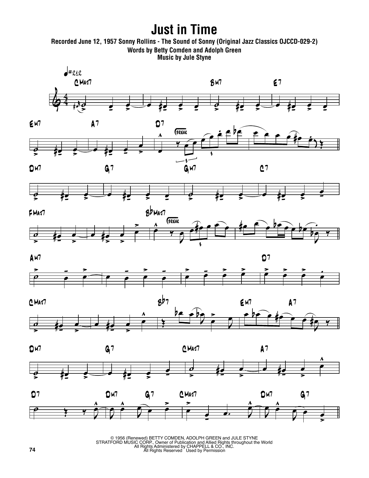 Sonny Rollins Just In Time sheet music notes and chords arranged for Tenor Sax Transcription
