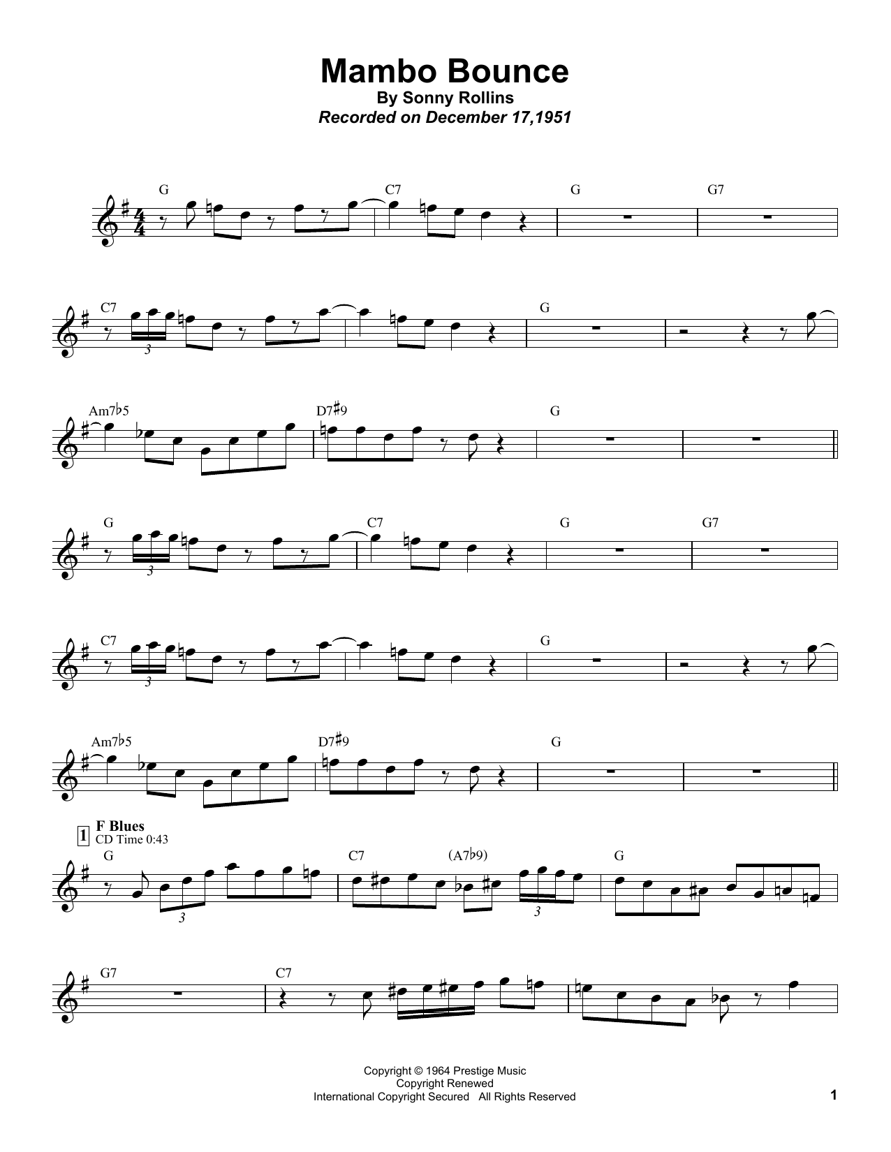 Sonny Rollins Mambo Bounce sheet music notes and chords arranged for Tenor Sax Transcription