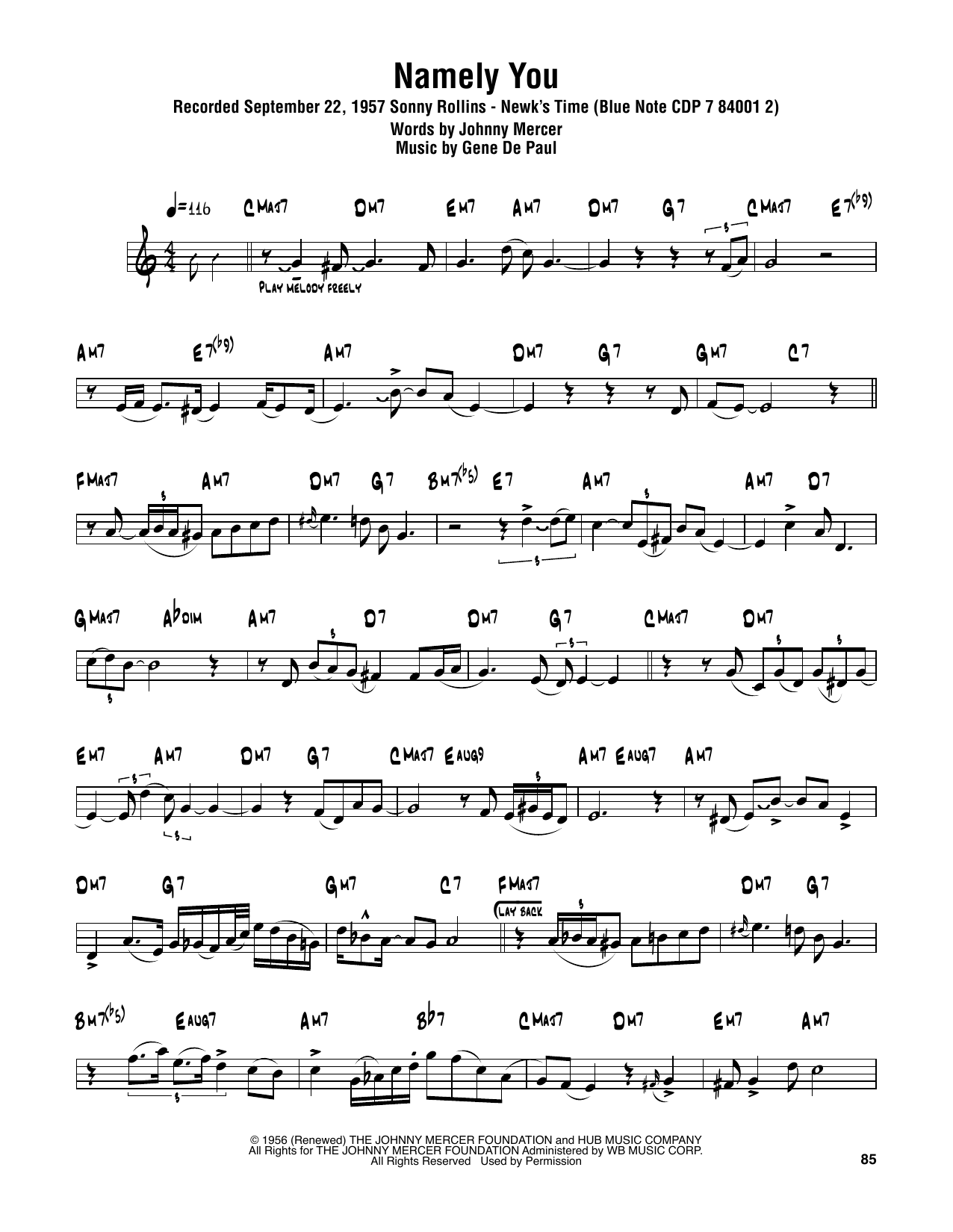 Sonny Rollins Namely You sheet music notes and chords arranged for Tenor Sax Transcription