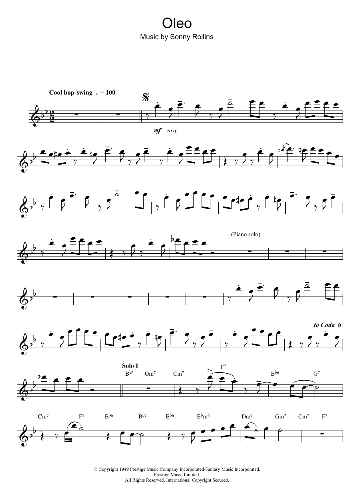 Sonny Rollins Oleo sheet music notes and chords arranged for Tenor Sax Transcription