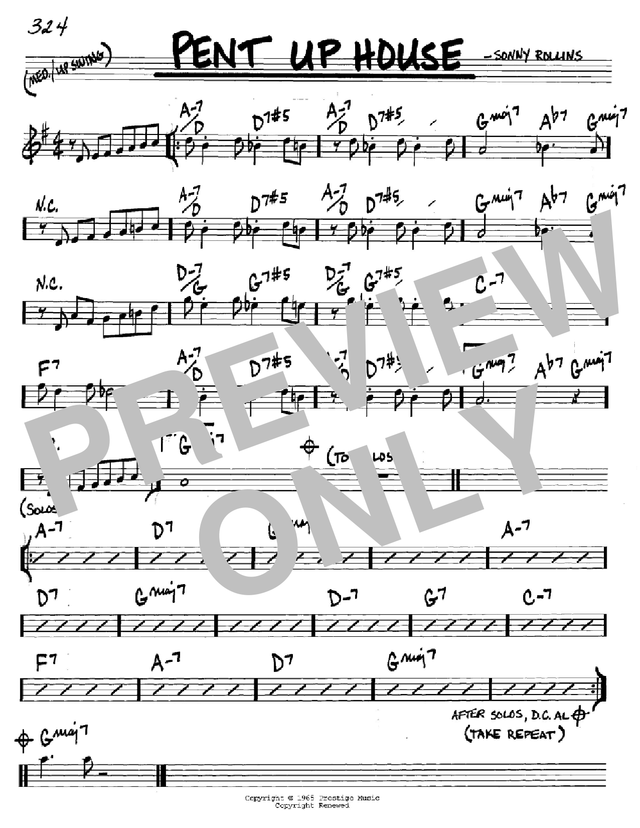 Sonny Rollins Pent Up House sheet music notes and chords arranged for Real Book – Melody & Chords – Bb Instruments