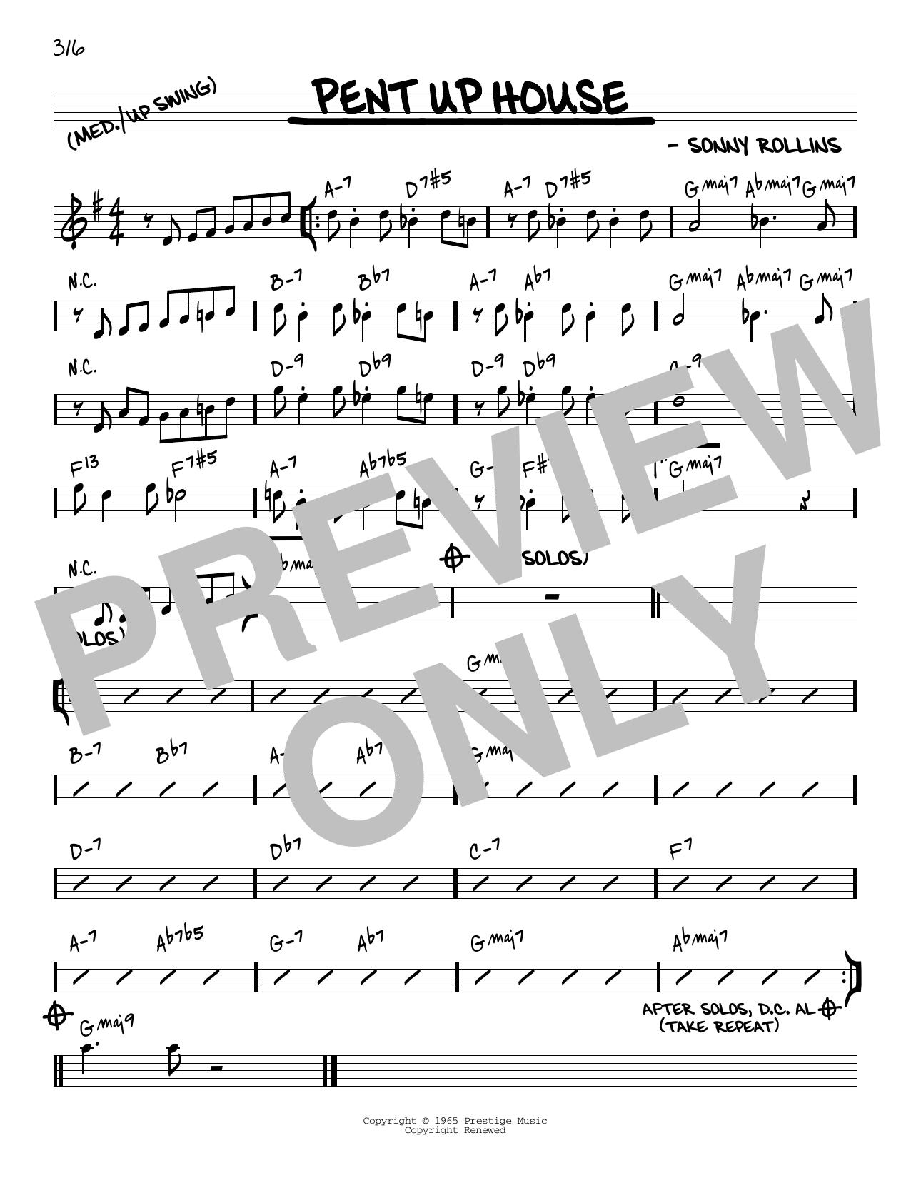 Sonny Rollins Pent Up House [Reharmonized version] (arr. Jack Grassel) sheet music notes and chords arranged for Real Book – Melody & Chords