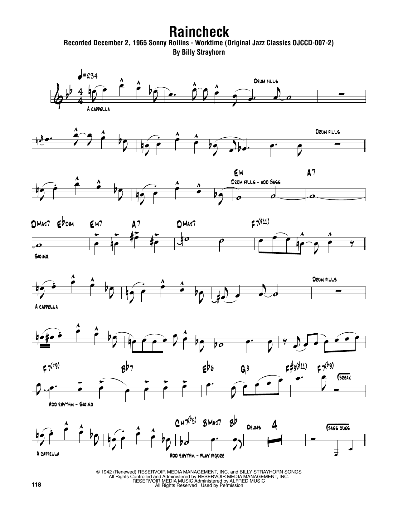 Sonny Rollins Raincheck sheet music notes and chords arranged for Tenor Sax Transcription