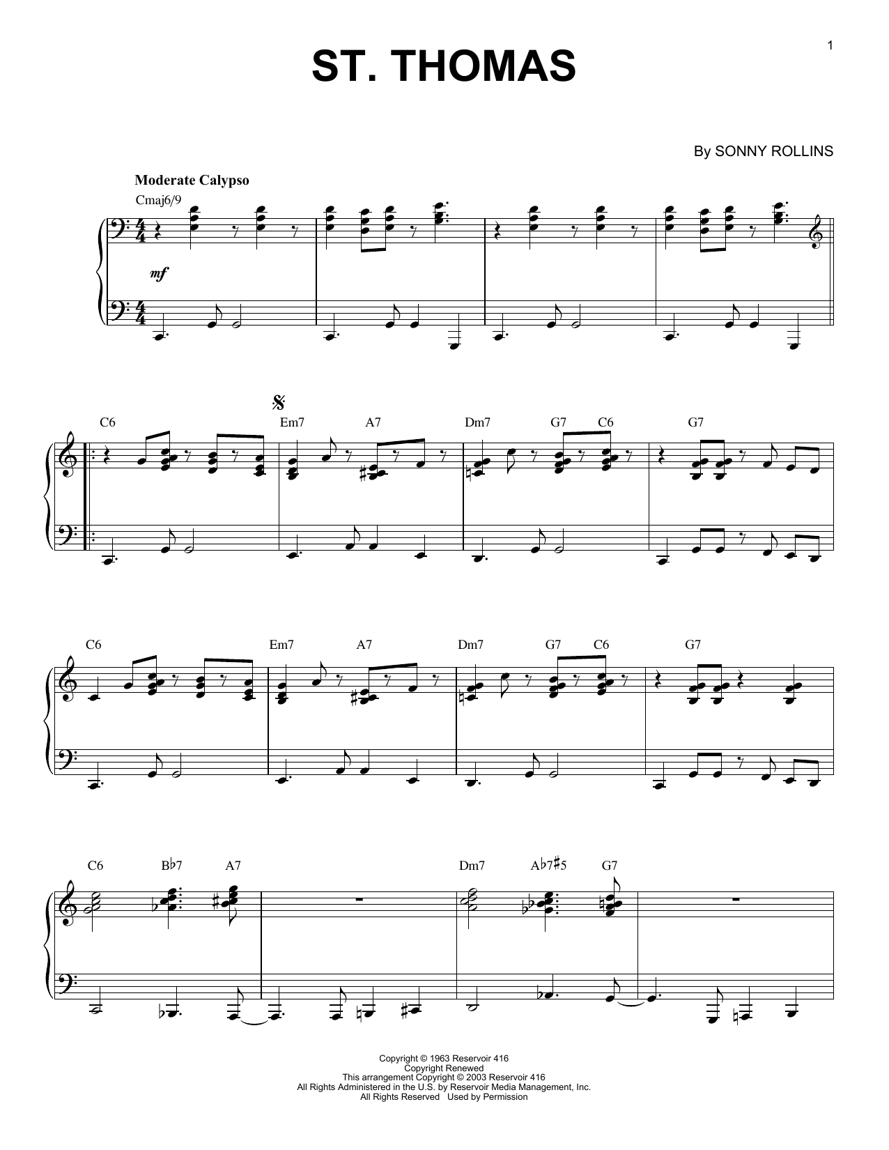 Sonny Rollins St. Thomas sheet music notes and chords arranged for Real Book – Melody & Chords – C Instruments