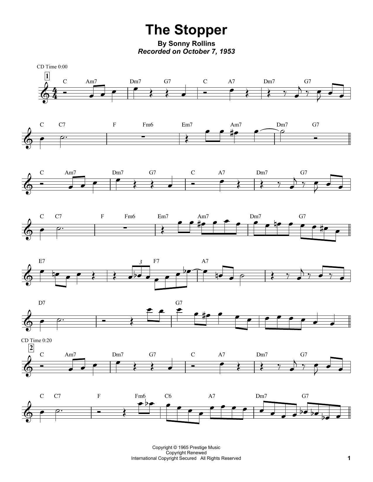 Sonny Rollins The Stopper sheet music notes and chords arranged for Tenor Sax Transcription