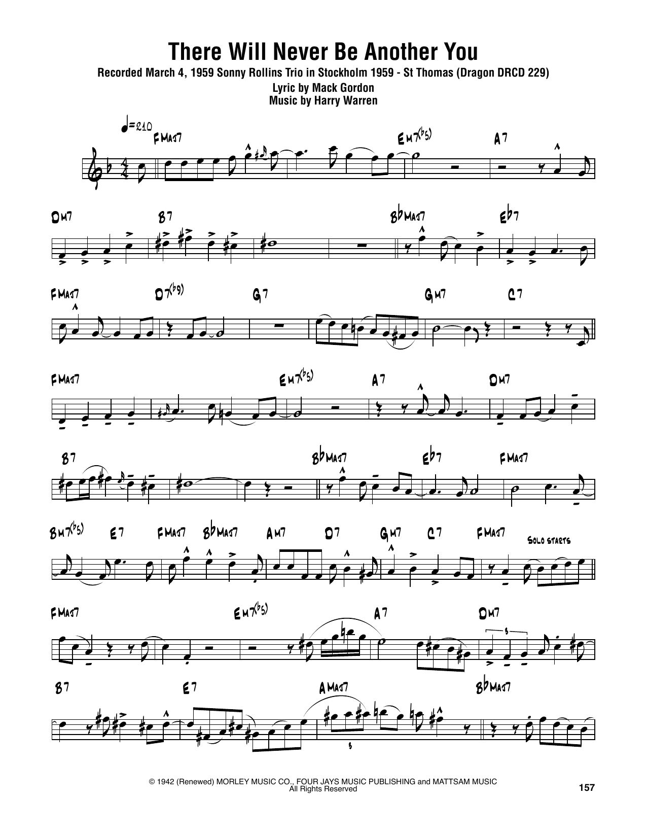 Sonny Rollins There Will Never Be Another You sheet music notes and chords arranged for Tenor Sax Transcription