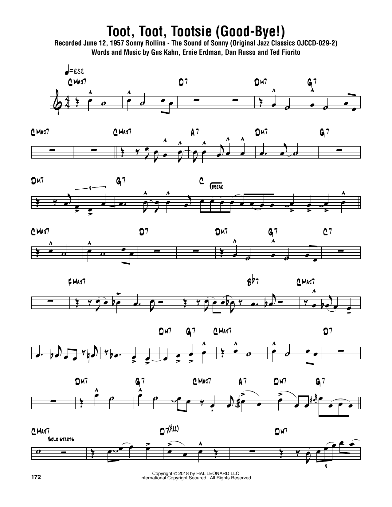 Sonny Rollins Toot, Toot, Tootsie! (Good-bye!) sheet music notes and chords arranged for Tenor Sax Transcription