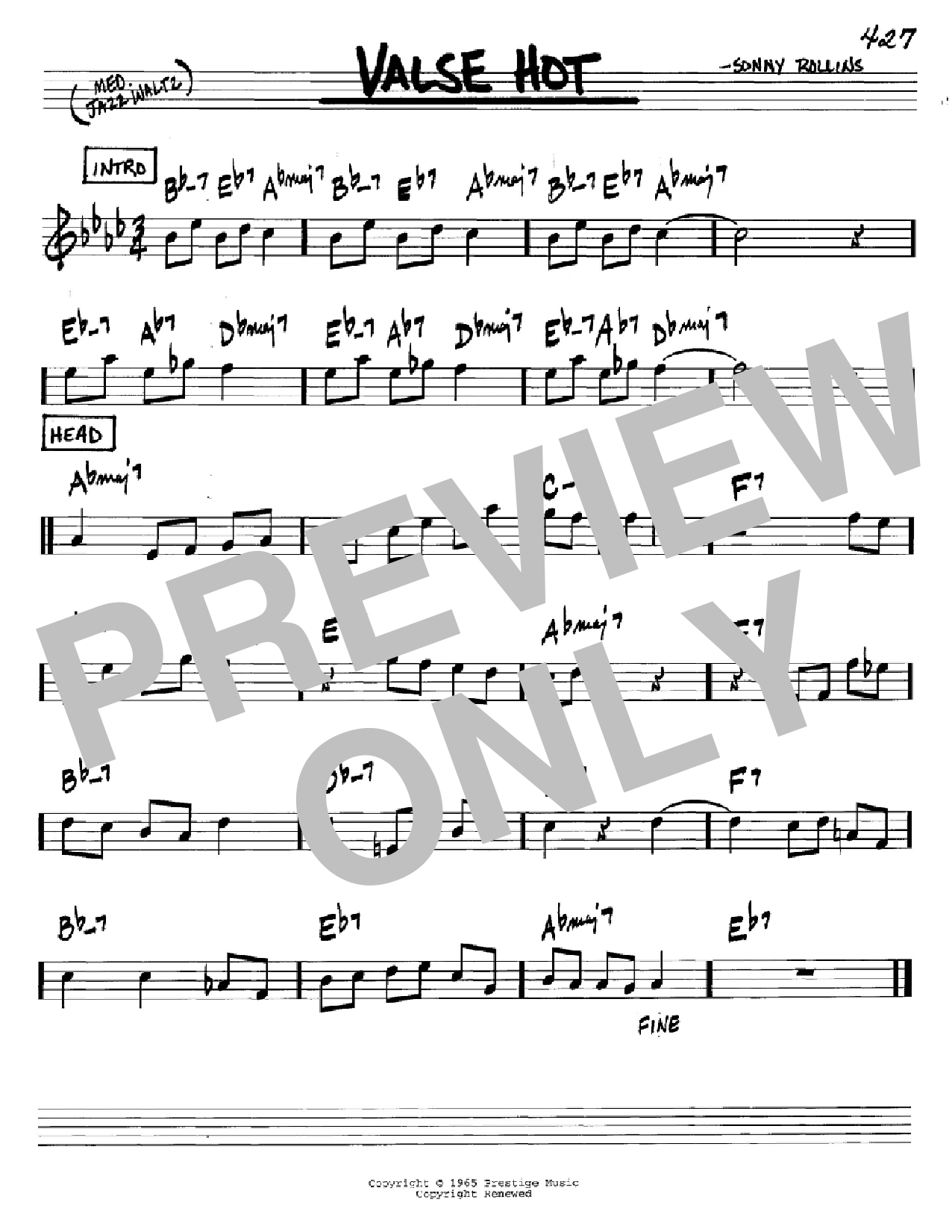 Sonny Rollins Valse Hot sheet music notes and chords arranged for Real Book – Melody & Chords – Eb Instruments