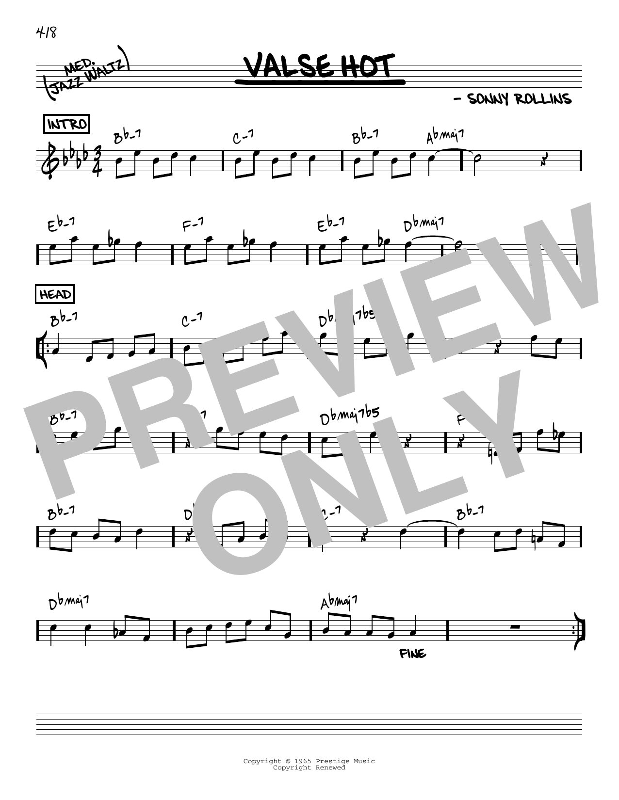 Sonny Rollins Valse Hot [Reharmonized version] (arr. Jack Grassel) sheet music notes and chords arranged for Real Book – Melody & Chords