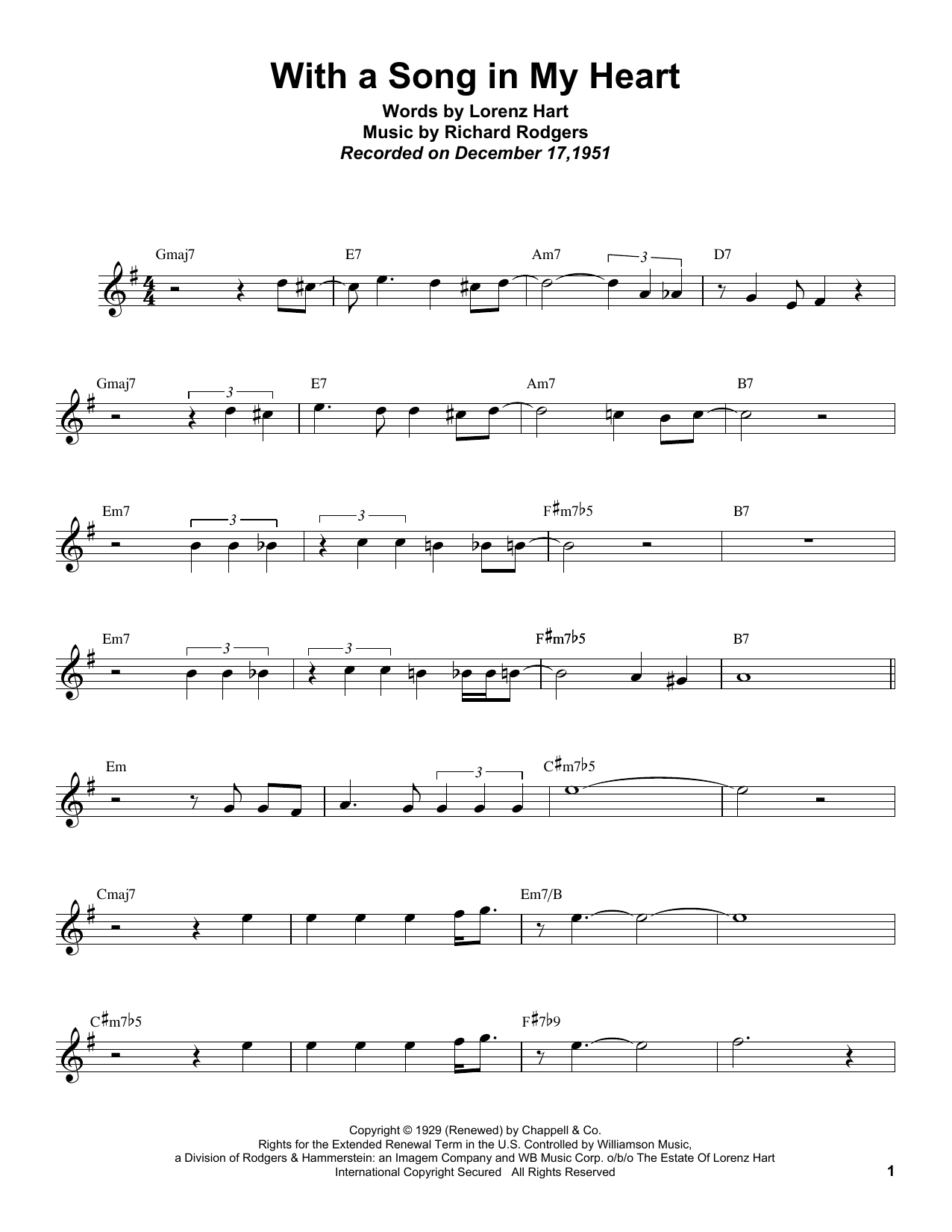 Sonny Rollins With A Song In My Heart sheet music notes and chords arranged for Tenor Sax Transcription