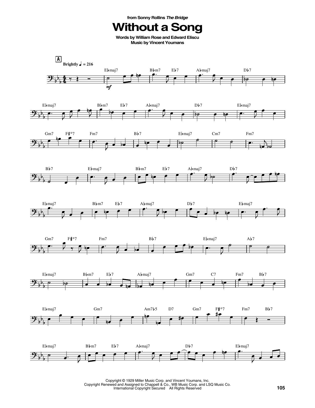 Sonny Rollins Without A Song sheet music notes and chords arranged for String Bass Transcription