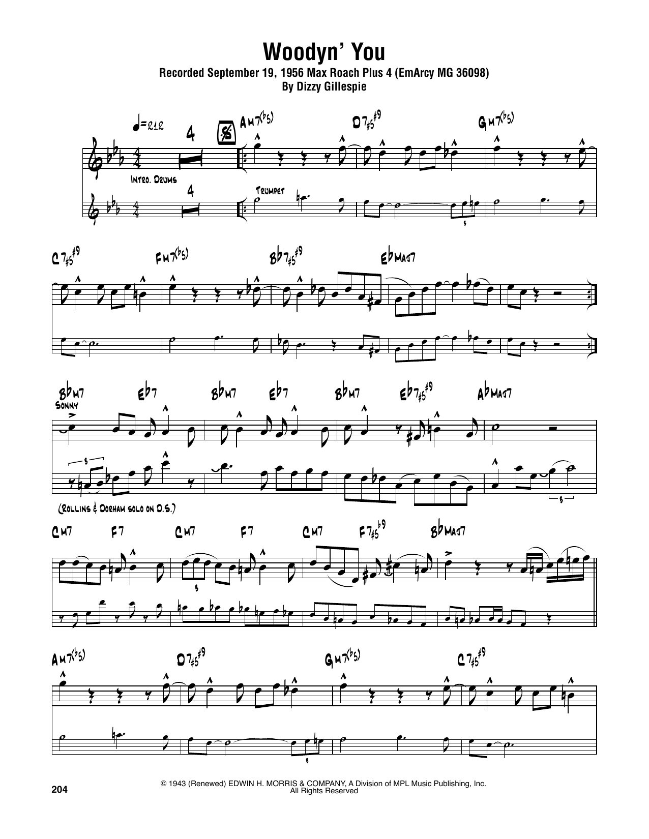 Sonny Rollins Woodyn' You sheet music notes and chords arranged for Tenor Sax Transcription