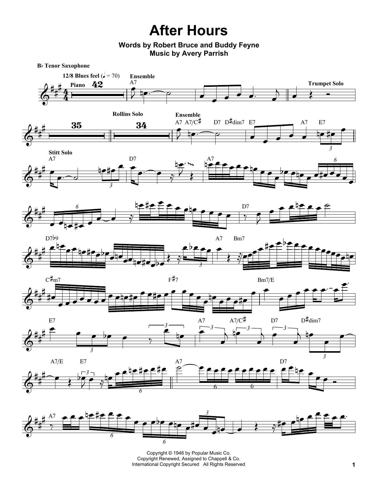Sonny Stitt After Hours sheet music notes and chords arranged for Tenor Sax Transcription