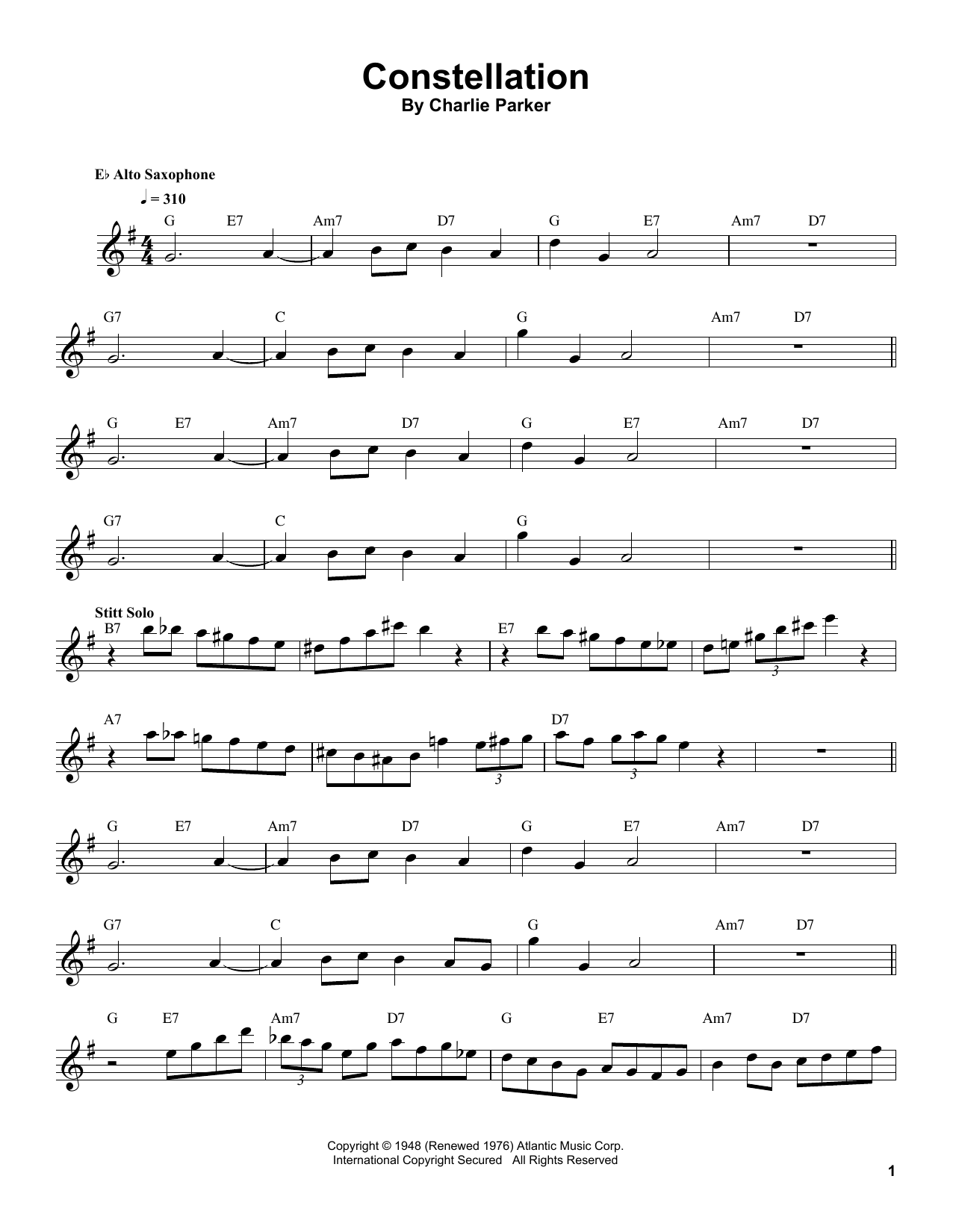 Sonny Stitt Constellation sheet music notes and chords arranged for Tenor Sax Transcription