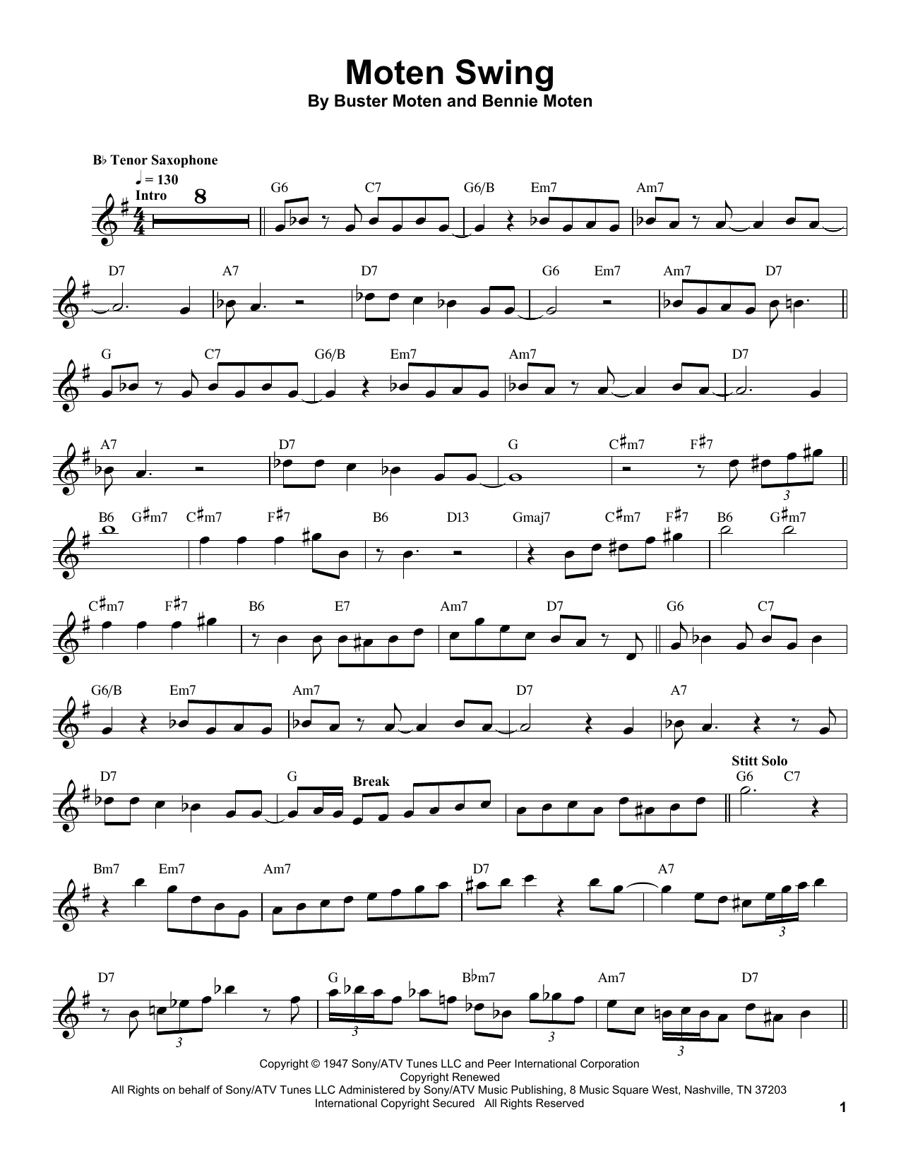 Sonny Stitt Moten Swing sheet music notes and chords arranged for Tenor Sax Transcription