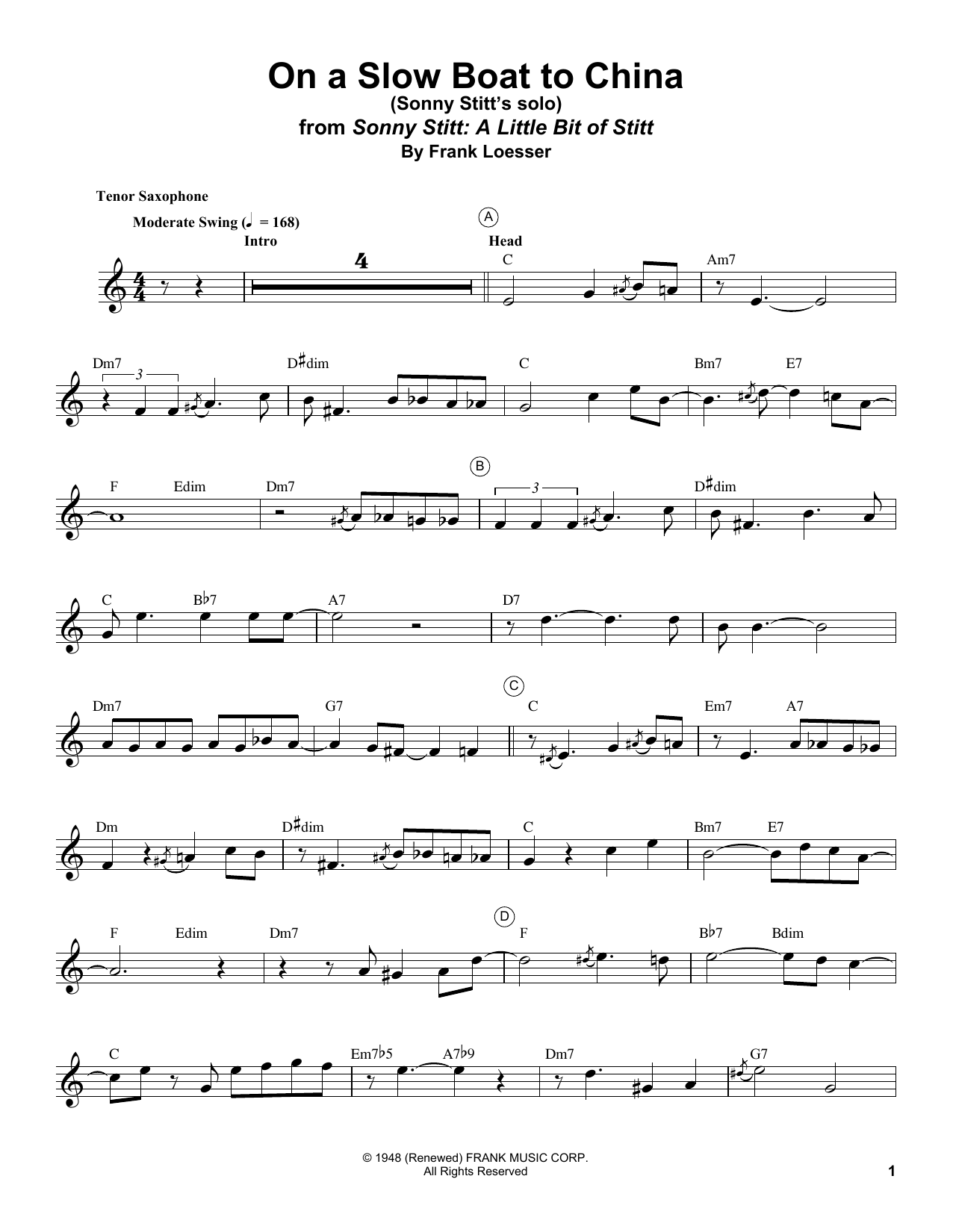 Sonny Stitt On A Slow Boat To China sheet music notes and chords arranged for Tenor Sax Transcription