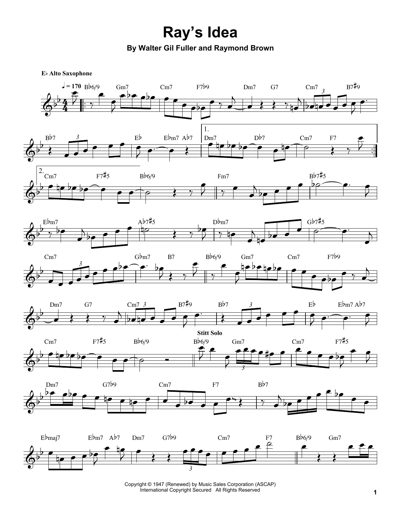 Sonny Stitt Ray's Idea sheet music notes and chords arranged for Tenor Sax Transcription