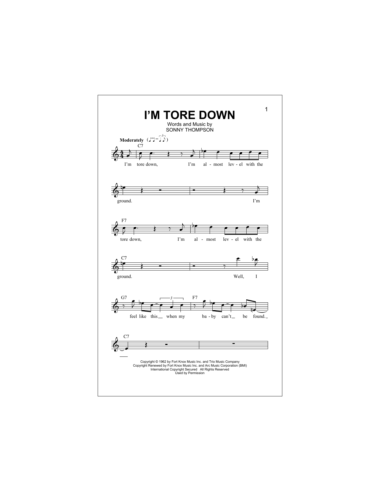 Sonny Thompson I'm Tore Down sheet music notes and chords arranged for Lead Sheet / Fake Book
