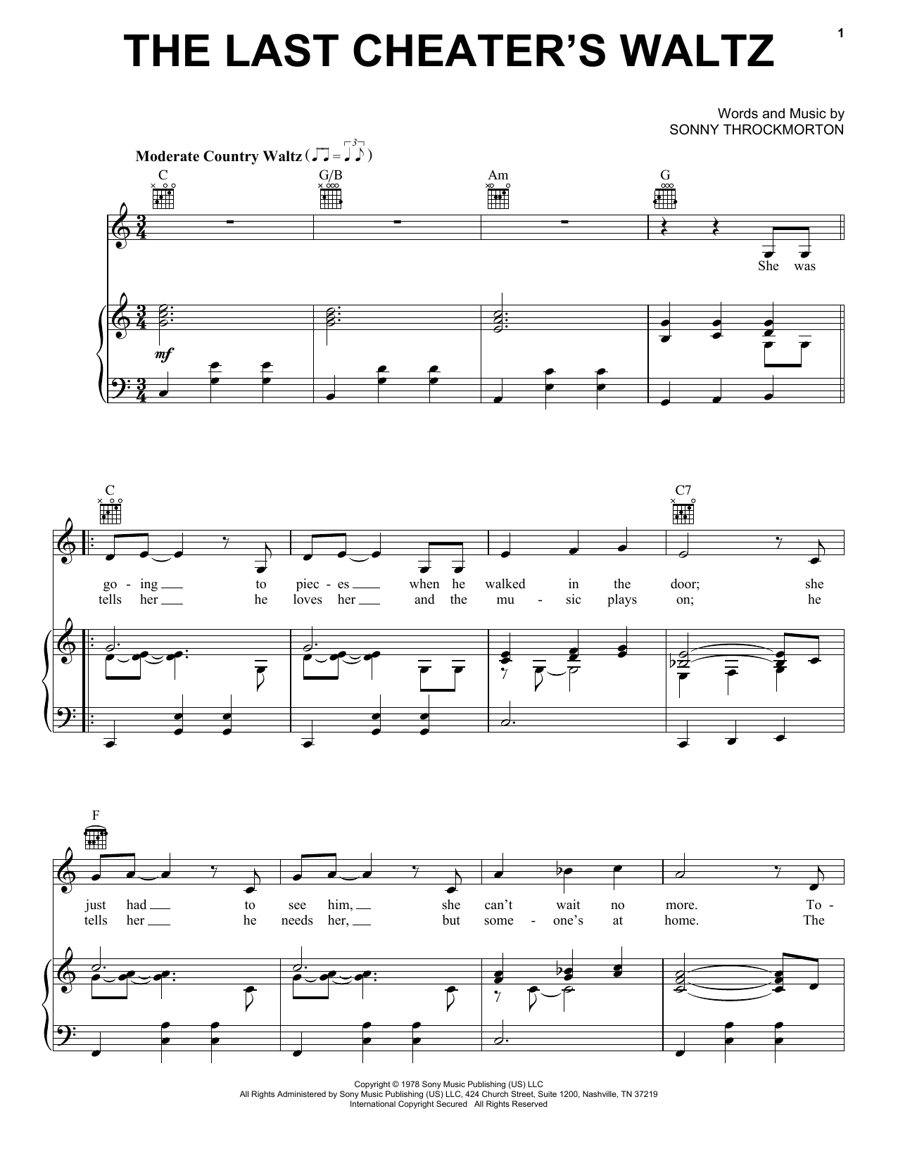 Sonny Throckmorton The Last Cheater's Waltz sheet music notes and chords arranged for Piano, Vocal & Guitar Chords (Right-Hand Melody)