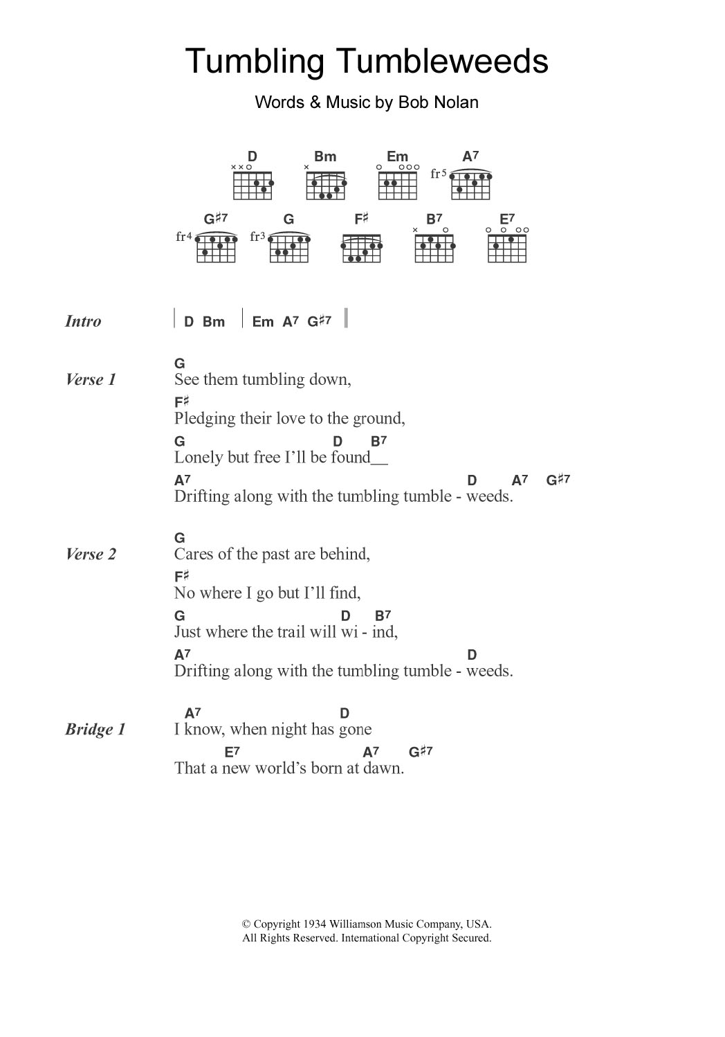 The Sons Of Pioneers Tumbling Tumbleweeds sheet music notes and chords arranged for Guitar Chords/Lyrics