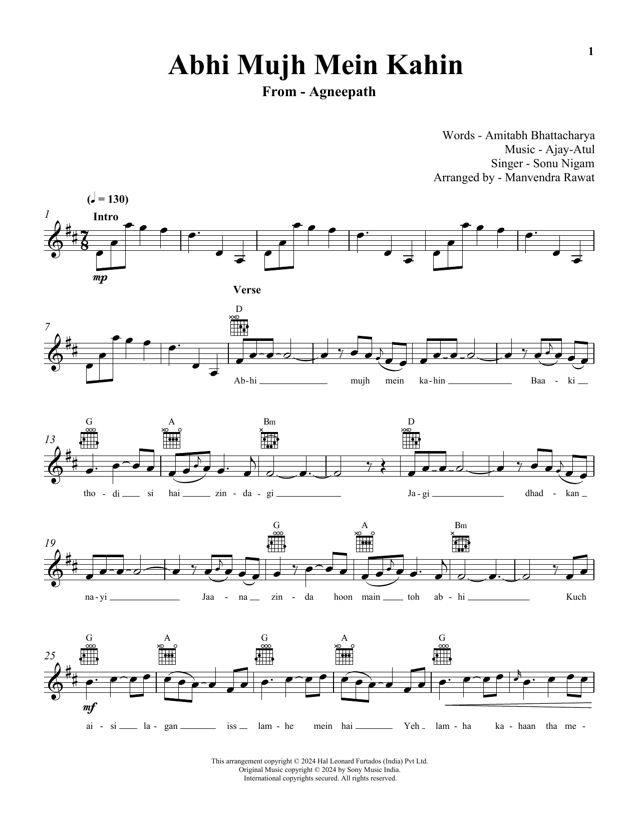 Sonu Nigam Abhi Mujh Mein Kahin (from Agneepath) sheet music notes and chords arranged for Lead Sheet / Fake Book