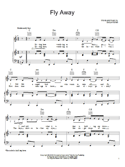 Sonya Kitchell Fly Away sheet music notes and chords arranged for Piano, Vocal & Guitar Chords (Right-Hand Melody)