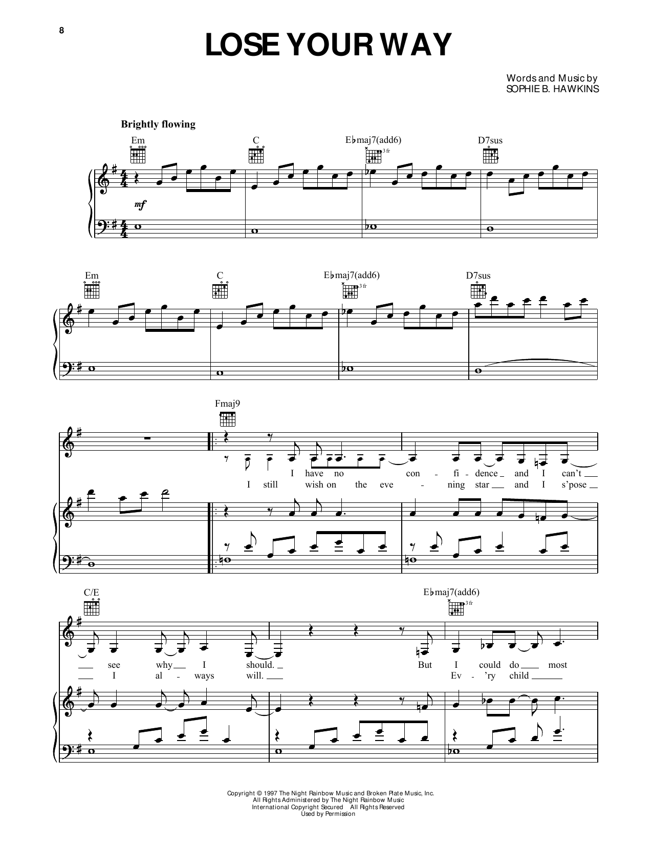Sophie B. Hawkins Lose Your Way (from Dawson's Creek) sheet music notes and chords arranged for Piano, Vocal & Guitar Chords (Right-Hand Melody)
