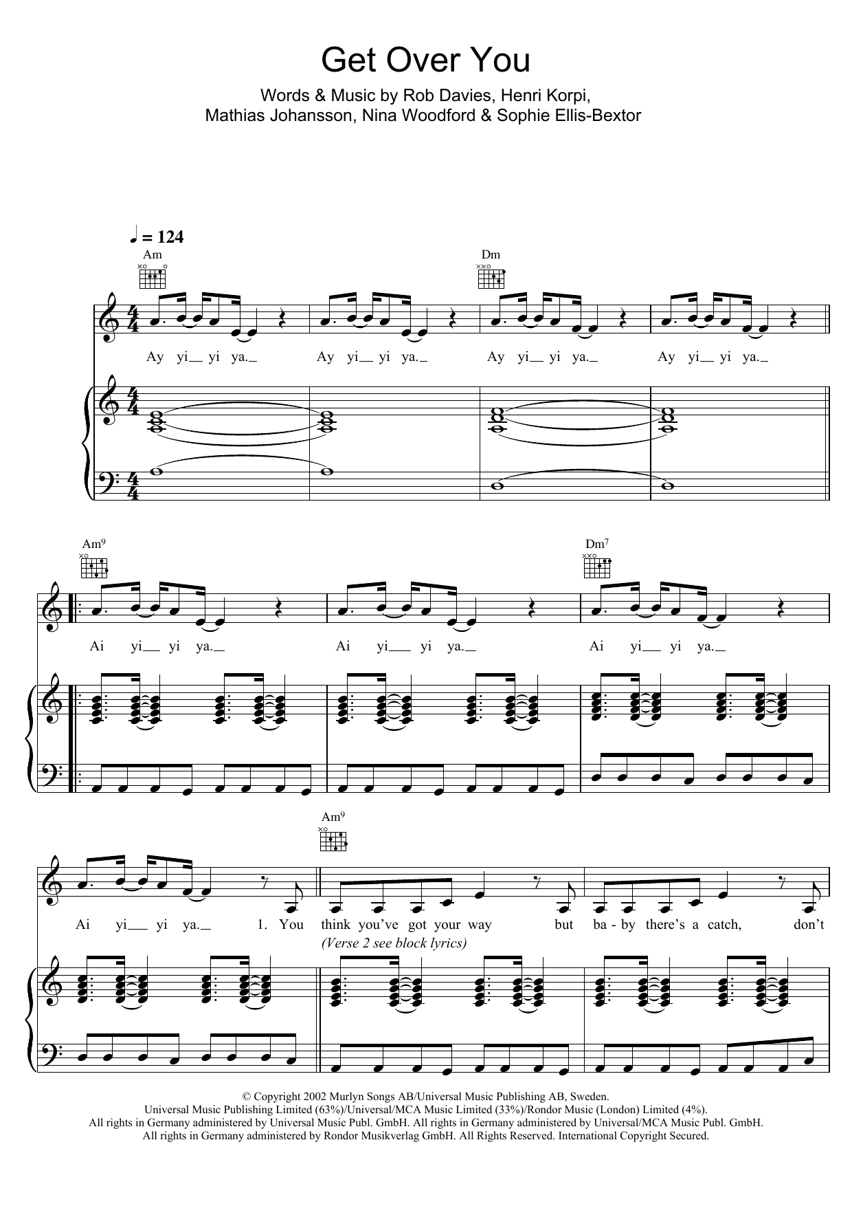 Sophie Ellis-Bextor Get Over You sheet music notes and chords arranged for Piano, Vocal & Guitar Chords