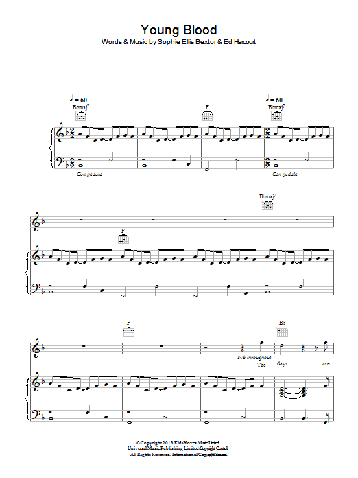 Sophie Ellis-Bextor Young Blood sheet music notes and chords arranged for Piano Chords/Lyrics