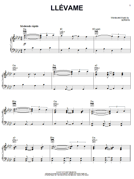 Soraya Llevame sheet music notes and chords arranged for Piano, Vocal & Guitar Chords (Right-Hand Melody)