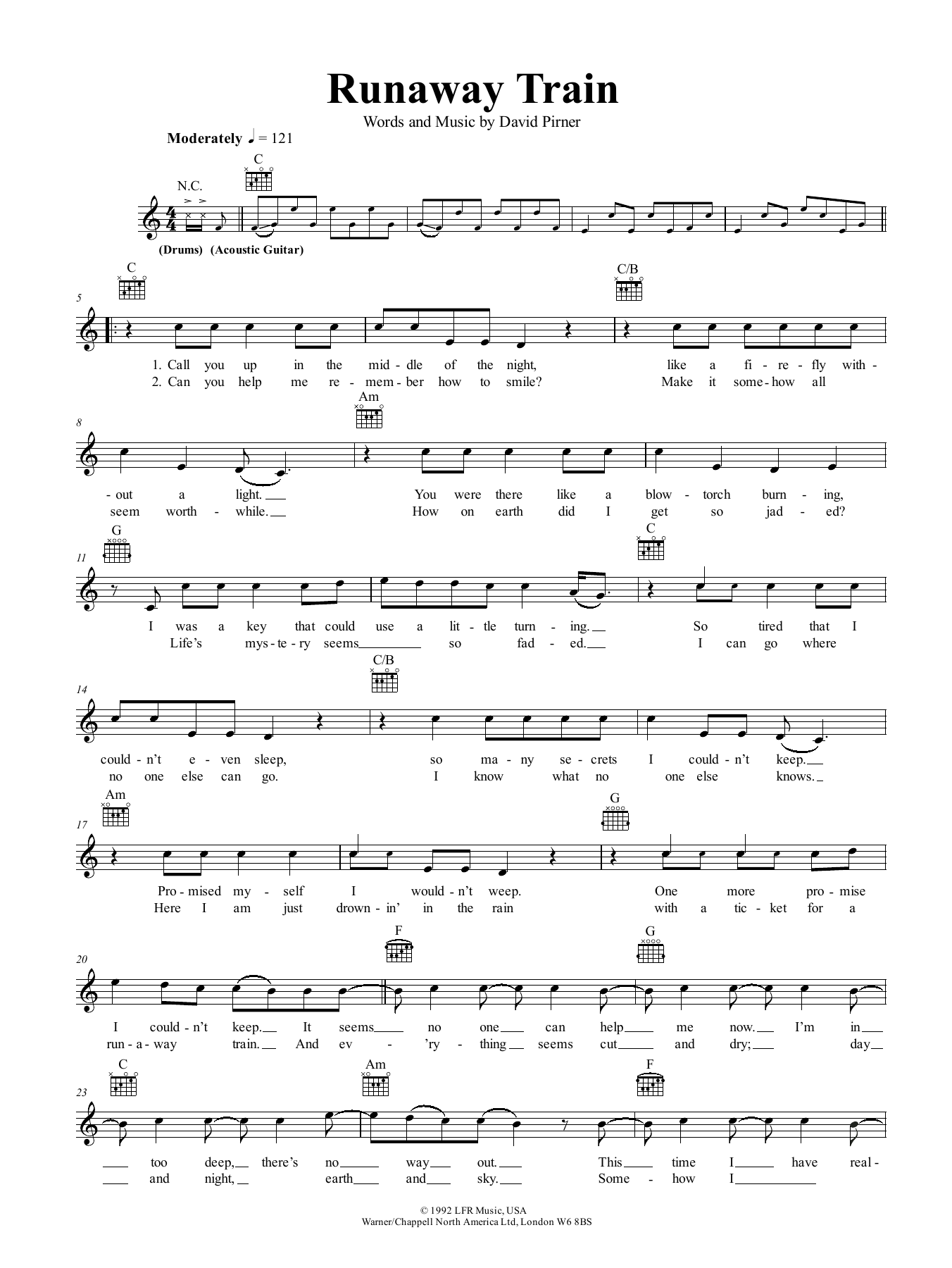 Soul Asylum Runaway Train sheet music notes and chords arranged for Real Book – Melody, Lyrics & Chords