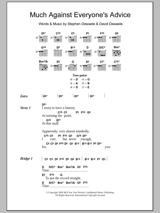 Soulwax Much Against Everyone's Advice sheet music notes and chords arranged for Guitar Chords/Lyrics