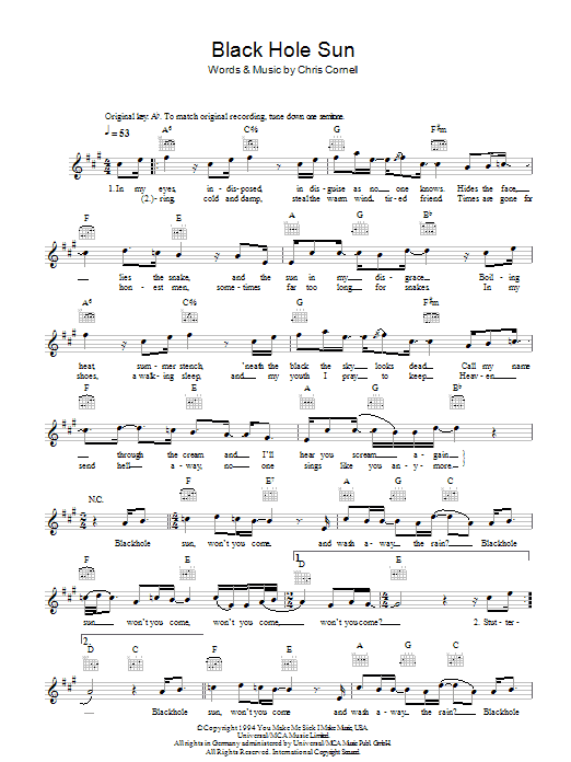 Soundgarden Black Hole Sun sheet music notes and chords arranged for Guitar Chords/Lyrics