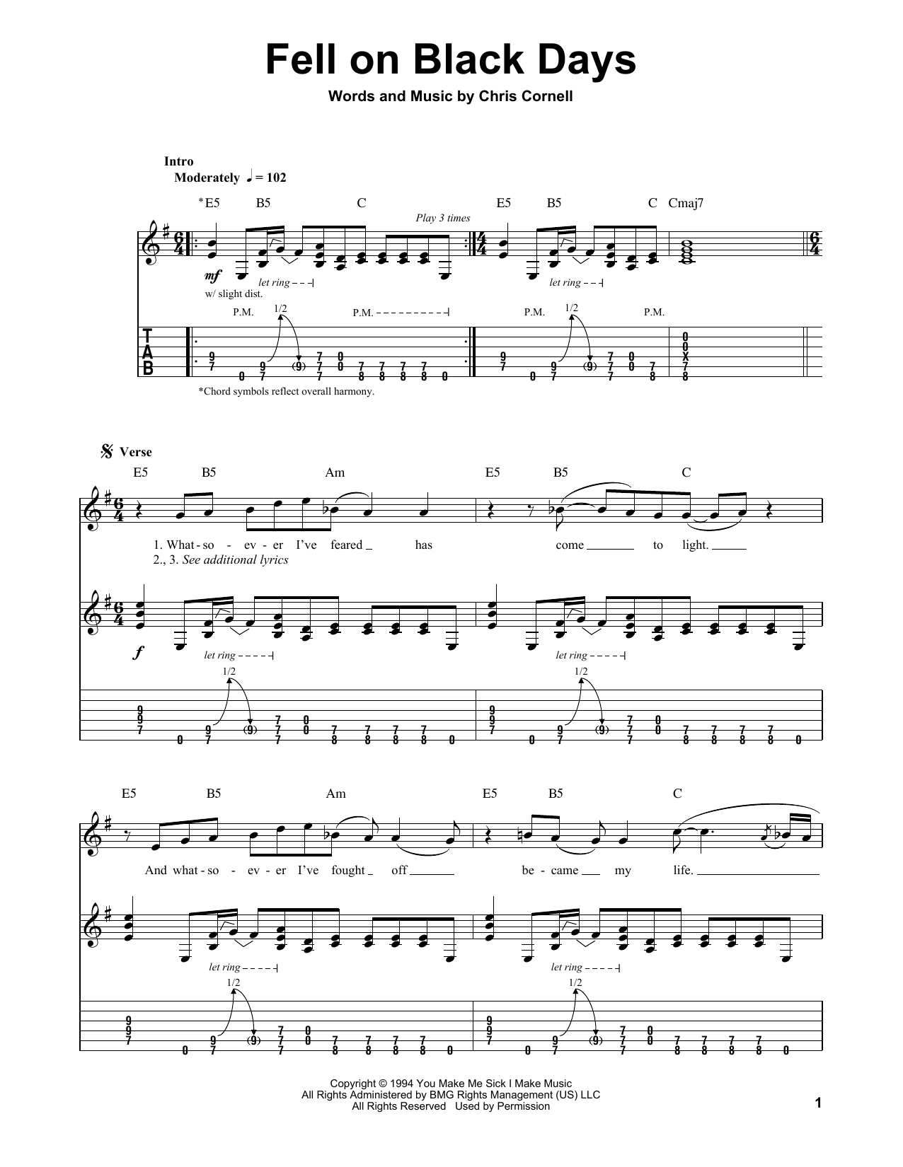Soundgarden Fell On Black Days sheet music notes and chords arranged for Guitar Chords/Lyrics