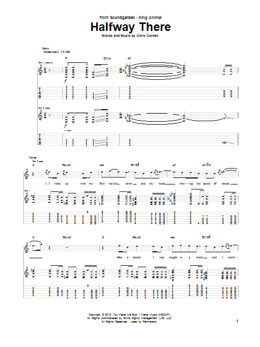 Soundgarden Halfway There sheet music notes and chords arranged for Guitar Tab