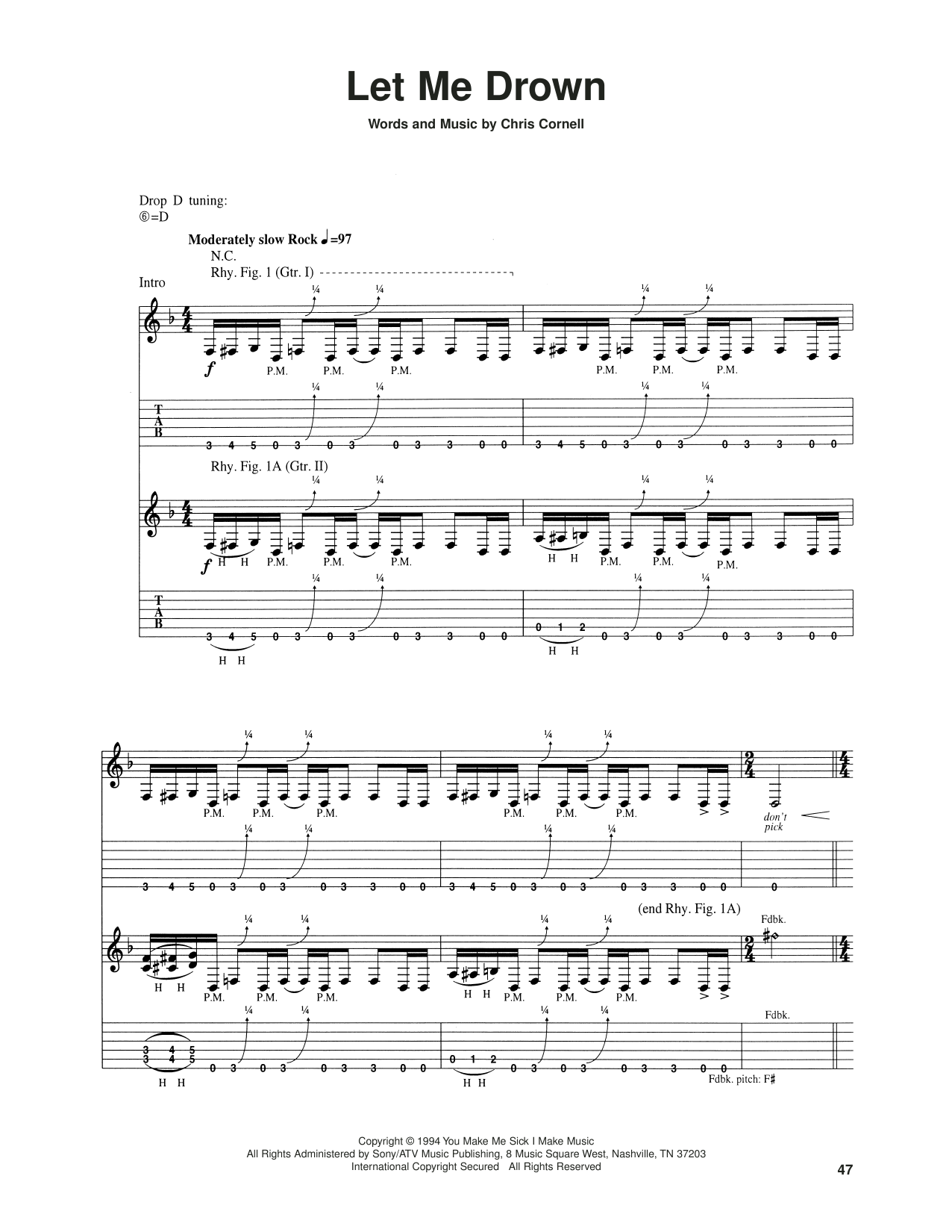 Soundgarden Let Me Drown sheet music notes and chords arranged for Guitar Tab