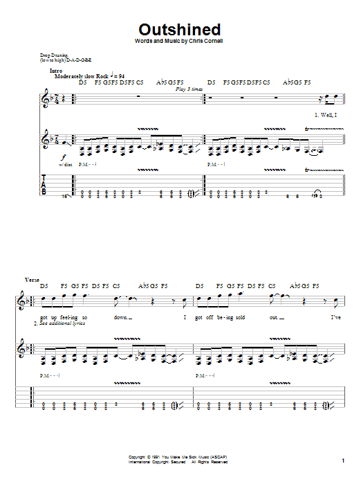 Soundgarden Outshined sheet music notes and chords arranged for Guitar Tab (Single Guitar)