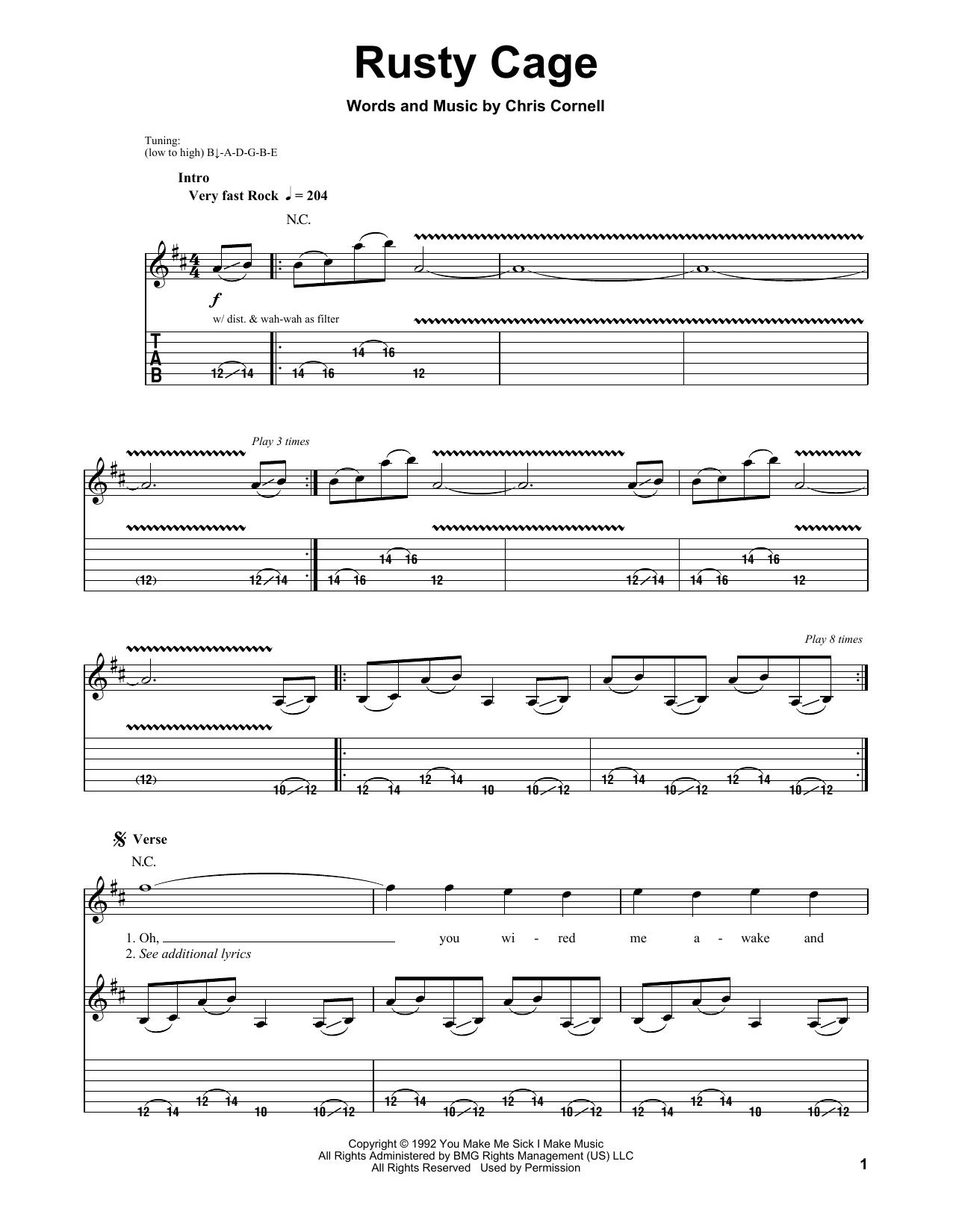 Soundgarden Rusty Cage sheet music notes and chords arranged for Guitar Tab (Single Guitar)