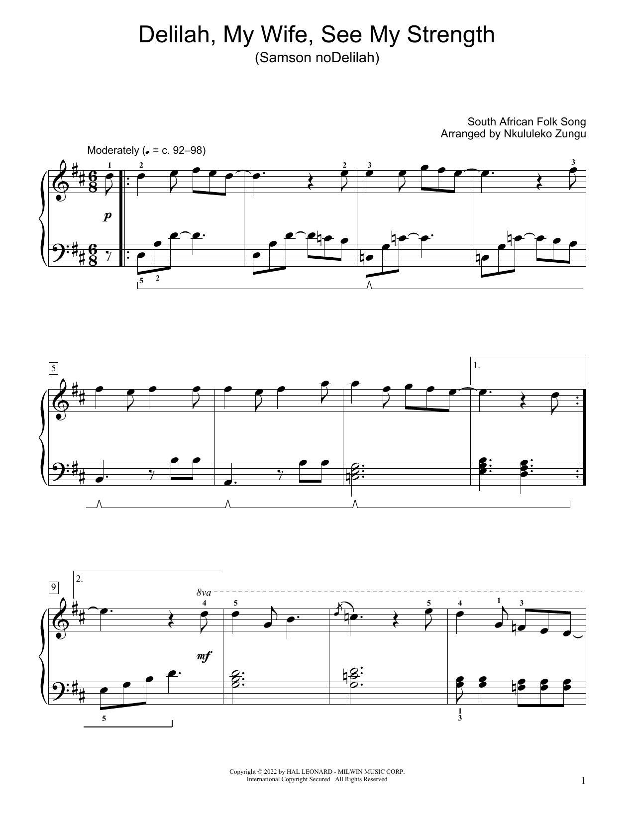 South African folk song Delilah, My Wife, See My Strength (Samson Nodelilah) (arr. Nkululeko Zungu) sheet music notes and chords arranged for Educational Piano